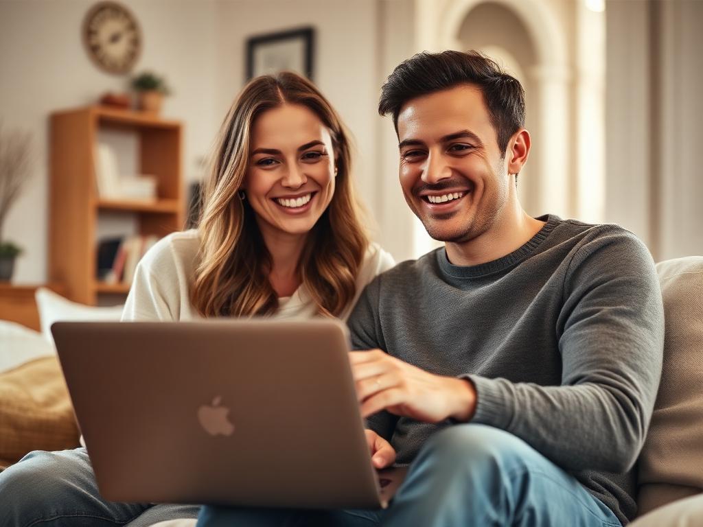 A smiling couple shopping online together on a laptop
